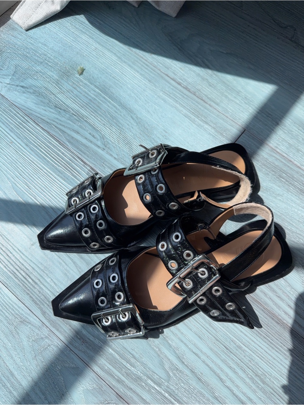 Ganni Black Pointed Buckle Slingback Flats with Silver Grommets